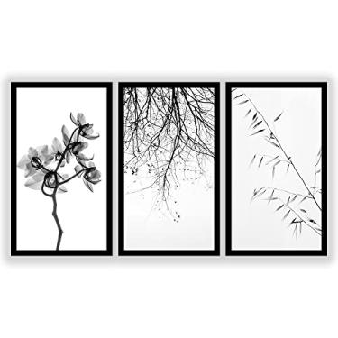 Imagem de Kit 3 Quadros Decorativos Grandes COM MOLDURA E VIDRO Preto e Branco Flores