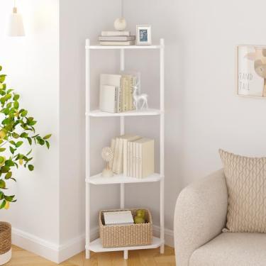 Imagem de Wisuce Suporte de prateleira de canto – Estante de canto pequena de bambu branco de 4 camadas para escritório, cozinha, quarto, plantas, decoração de sala de estar, espaço pequeno