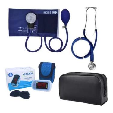 Imagem de Kit Oximetro + Estetoscopio + Esfigmomanometro  Premium - G-Tech, azul