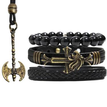 Imagem de Pulseiras Masculinas Couro LEÃO PRETO Kit C / 03 + Colar Machado Vikin
