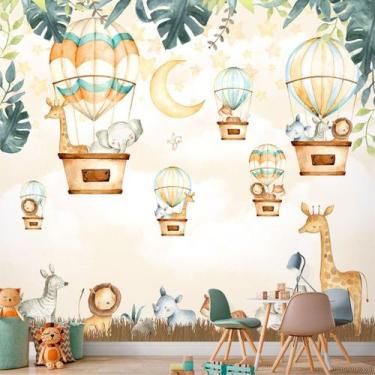 Imagem de Papel de Parede Foto Mural Adesivo Safari Baby Aquarela com Balões Aut
