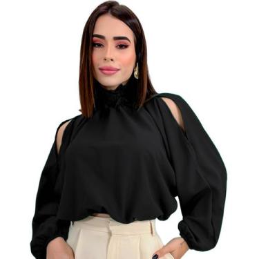 Imagem de Blusa Bata Feminina Gola Alta Manga Bufante Ombro Vazado - Swiss Bouti