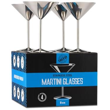 Imagem de Real Deal Steel Copos de Martini de aço inoxidável: conjunto de 4, copos de coquetel de metal inquebráveis de 236 ml, inquebráveis, duráveis, acabamento polido espelhado 18/8, exclusivo