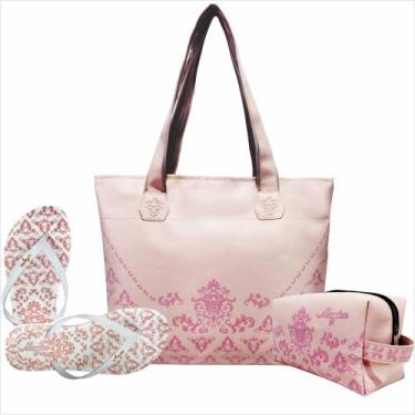 Imagem de Kit Feminino Casual Arabescos Com Bolsa Necessaire e Chinelo Rosa Magi