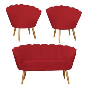 Imagem de Combo Pétala Namoradeira e 2 Poltronas Decorativa Estofada Suede Verme