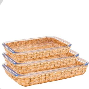 Imagem de Travessa e Assadeira Refratárias Vidro com Suporte de Rattan 3un Basic