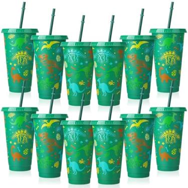 Imagem de XLSXEXCL 12 peças de copos de dinossauro com tampas e canudos, copos de plástico para festa de dinossauro de 680 g para chá de bebê suprimentos de aniversário presentes de dinossauro
