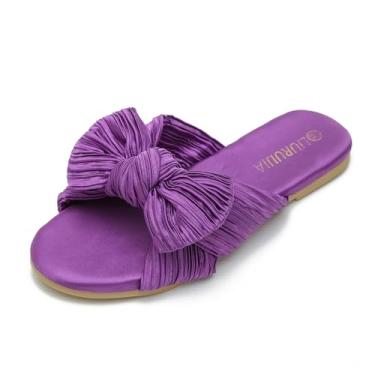 Imagem de LIURUIJIA Sandálias femininas sem cadarço plissadas com laço de cetim, chinelos confortáveis e elegantes para o verão, bico aberto, mules, Roxa, 37