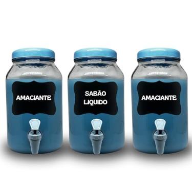 Imagem de KIT LAVANDERIA 3 POTES COM TORNEIRA PARA SABÃO LIQUIDO, AMACIANTE E ALVEJANTE, AMBOS COM 3 LITROS COM LOUSA E GIZ AZUL BEBE