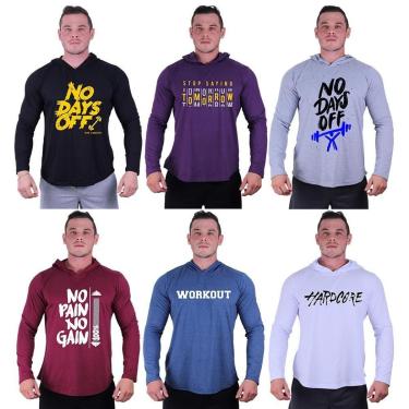 Imagem de Kit 6 Camisetas Manga Longa com Touca Longline Estampada Treino Academia Lazer Casual-Masculino