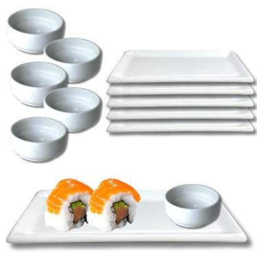 Imagem de Kit 6 Prato e 6 Molheira 60ml Sushi Nozoki Porcelana Branca - Prattos