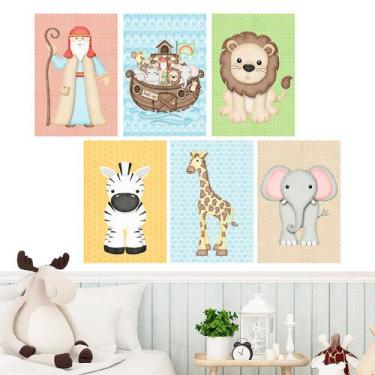 Imagem de Quadros Decorativos Arca de Noé Kit 6 peças 20x30cm Quarto Decoração C