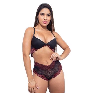 Imagem de Conjunto Rendado Com Bojo Calcinha Caleçon Empina Bumbum