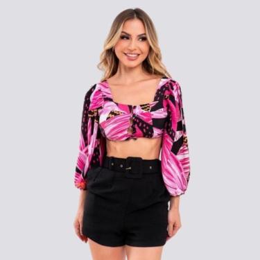 Imagem de Conjunto Feminino Cropped Manga Longa Short Cintura Alta - Bellucy Mod
