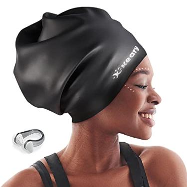 Imagem de Touca de natação extra grande para tranças e extensões de cabelo afro tece cabelos longos, capa de silicone à prova d'água para banho de orelha, touca de natação para adultos, jovens, homens, mulheres, meninas, para manter o cabelo seco, preto