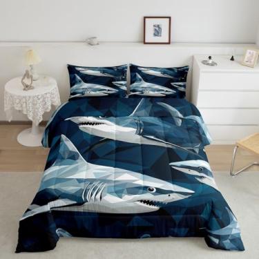Imagem de Conjunto de edredom infantil de tubarão abstrato, tamanho Queen, animais do oceano, decoração de quarto de meninos e meninas, edredom moderno com triângulos geométricos e patchwork, enchimento de