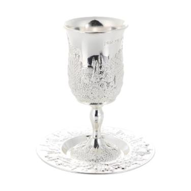 Imagem de FytStycale Taça com Pires Taça com Pires Presentes Decoração Judaica Presente em Europeu Taça Taça Kiddush para Páscoa Casamento, Argento