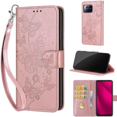 Imagem de Capa carteira projetada para T-Mobile Revvl 7 Pro 5G, capa flip feminina com suporte de couro PU em relevo, compartimentos para cartões de crédito, alça de pulso, capa de telefone para T-Mobile REVVL