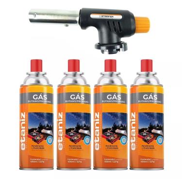 Imagem de Kit Maçarico Portátil Regulável com 4 Refis de Gás Cartucho Butano Ideal para Cozinha Confeitaria Gourmet