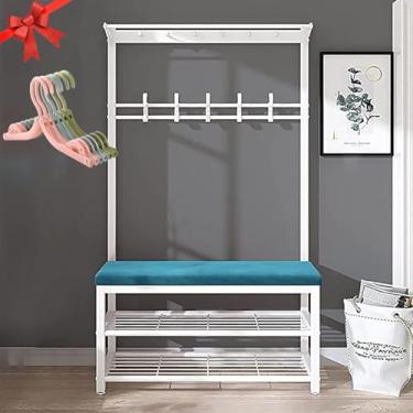 Imagem de Cabideiro, sapateira 4 em 1 para entrada, prateleira de armazenamento de 2 camadas e 7 ganchos removíveis, árvore de casaco industrial moderna rústica com prateleira e escorredor de roupas