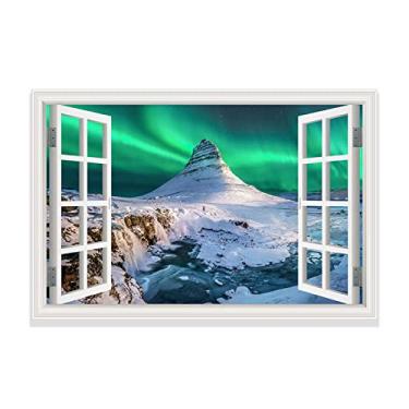 Imagem de Pintura de paisagem 3D falsa Windows View. Moderno picos de neve Aurora Boreal Lceland Impressão mural de janela aberta em tela. Imagem panorâmica de arte de parede em tela 80 x 120 cm (32 x 47