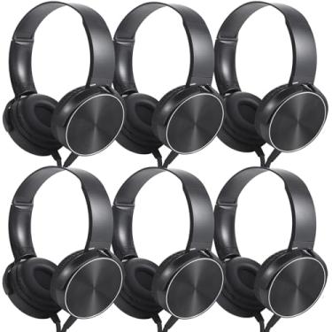 Imagem de Wensdo Fones de ouvido infantis a granel, pacote com 6, multicoloridos, para sala de aula, estudantes, adolescentes, meninos, meninas e adultos (HY450, preto)