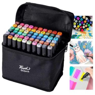 Imagem de Kit 60 Marcadores coloridos permanente duas pontas Estojo canetinha profissional escolar