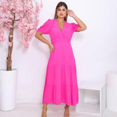 Imagem de Vestido Feminino Midi Manga Curta com Forro e Decote V Look  Elegante 