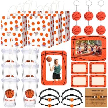 Imagem de SiliFine O conjunto de lembrancinhas de festa com tema esportivo inclui moldura de foto, copo de plástico, pulseira, chaveiro, bolsa de presente para festa de baile, presentes de recompensa (basquete)