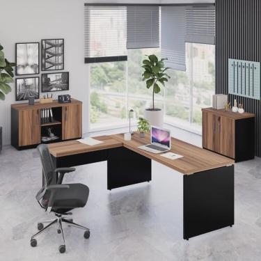 Imagem de Kit 3 Peças com Mesa para Escritório em L 170x160cm, com Dois Armários Baixos Espresso Móveis