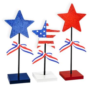Imagem de hhdatc 3 peças de decoração de mesa de madeira do Dia da Independência, bandeja patriótica em camadas, decoração rústica de mesa de dia em memória vermelha, branca e azul (design de estrela)