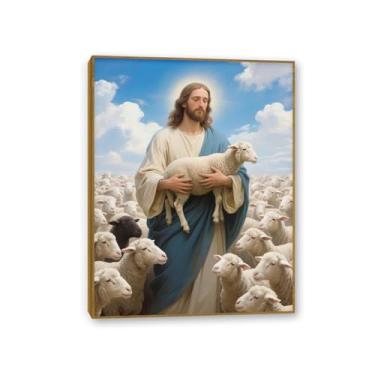 Imagem de Arte de parede em tela Jesus e Cordeiro, Jesus segurando ovelhas Deus Fé, pôster de Rei Leão Cristão Jesus Impressão Pintura Religiosa Arte Igreja Decoração de Parede Imagens 40x30 cm Moldura dourada