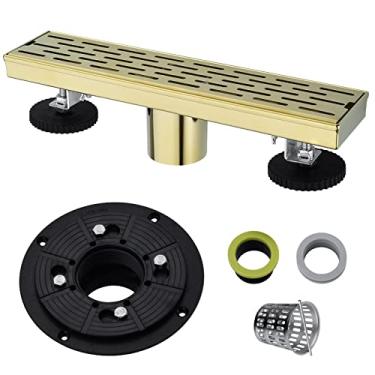 Imagem de YJROOMS Ralo de Piso de Banheiro de Ouro Escovado Linear de Chuveiro Quadrado de 12" com Flange, Acessórios de Filtro, Grade de Cobertura Removível Sus 304 Aço Inoxidável