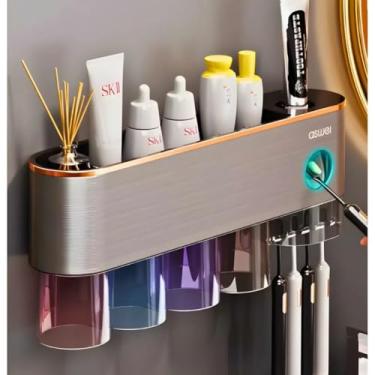 Imagem de Suporte Porta Escovas de Dentes e Copos Coloridos Organizador de Banheiro com Dispenser de Pasta Creme Dental – Montagem sem Furos, Cinza Escuro Nordico