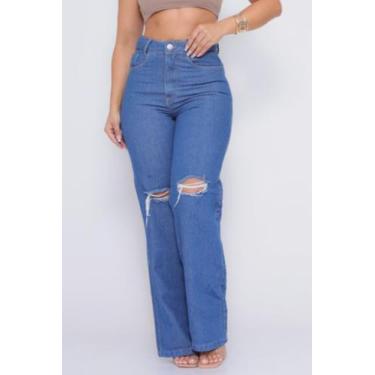 Imagem de Calça Jeans Azul Médio Rasgado nos Joelhos Wideleg Cintura Alta - Mela