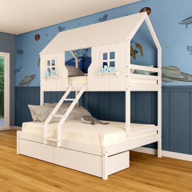 Imagem de Beliche Casal/ Solteiro Casinha Encantada com 02 Gavetas Madeira Maciça Branco Megamobilia