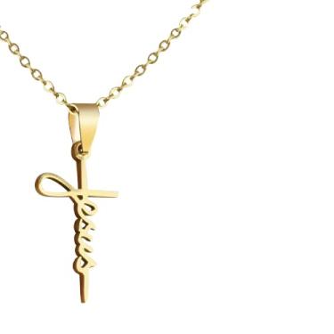 Imagem de Cordão Masculino Dourado Aço Inox Pingente Cruz Escrita Jesus Design Fino Caixa Premium Preta Gravada Laser Edição Limitada