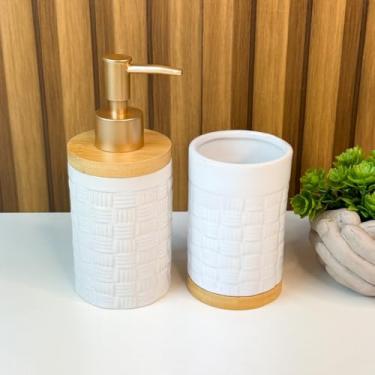 Imagem de Kit Banheiro Lavabo Porta Sabonete liquido Dispenser e Porta Escova de Dente Cerâmica para Decoração (TIJOLINHO BRANCO)
