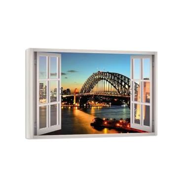 Imagem de Impressão lona janela falsa-Ponte cidade noturna-Imagem arte parede paisagem-Pintura moderna para banheiro decoração 50x70cm20x27in Tela Embrulhada