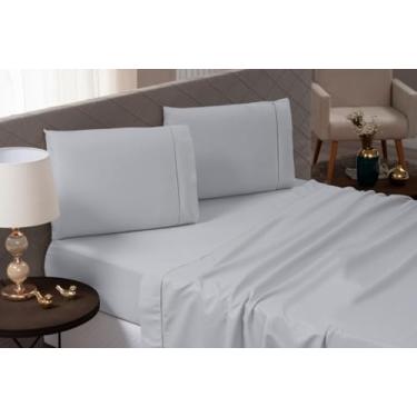 Imagem de Jogo de Lençol Casal 4 Peças 300 Fios 100% Algodão Penteado Toque Macio com Elástico e Fronhas Premium (Cinza)