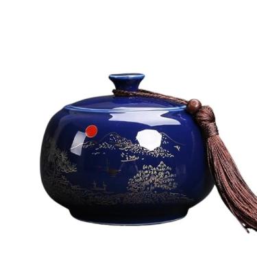 Imagem de Lata de chá Lata de chá de cerâmica com tampa hermética, recipiente de armazenamento de cozinha para chá, café, nozes, ervas, especiarias e açúcar Caixa de chá(Blue)