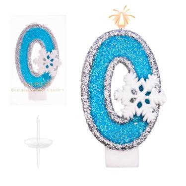 Imagem de AKURIEEY Velas azuis de floco de neve de aniversário com tema congelado número 0 velas para enfeite de bolo, decorações de cupcake, decoração de festa, aniversário, celebrações, suprimentos