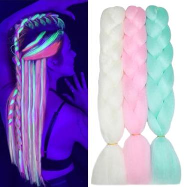 Imagem de gardx Extensões De Cabelo Jumbo Coloridas Que Brilham No Escuro Para Tranças Arco-Íris 24 Polegadas, 3 Peças (Branco/Rosa/Verde)