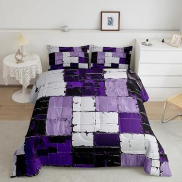 Imagem de Feelyou Conjunto de cama Queen abstrato roxo e preto, geométrico, minimalista, quadrado, arte abstrata, edredom macio