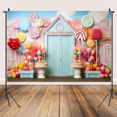 Imagem de Fundo colorido para fotos de aniversário da loja de doces para crianças, meninas, decoração de festa de aniversário, pirulitos, tema de sobremesa, pano de fundo de aniversário para recém-nascidos para