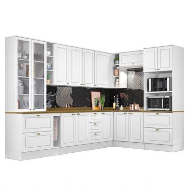 Imagem de Cozinha Completa De Canto Americana 10 Peças Branco Tampo Nature - Móveis Henn Branco