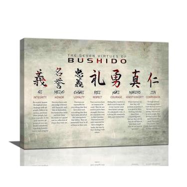 Imagem de Arte de parede Samurai Japonês 7 Virtues of Bushido Pictures Decoração de parede Motivational Warrior Musashi Impressão em tela quadro moderno emoldurado presentes para quarto sala de estar escritório