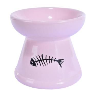 Imagem de Dispensador de alimentos para gatos em cerâmica elevada Dispensador de água potável em cerâmica elevada Deluxe PET à prova de formigas Higiênico e prático (ROSA M)