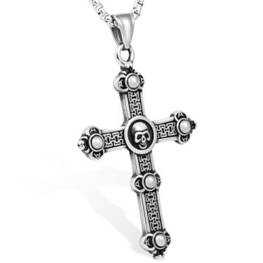 Imagem de LuxGoth Colar com pingente de cruz de crânios Ankh de aço inoxidável, gótico, punk rock, emo, motociclista, cosplay, vintage, cruz, fé cristã, colar com pingente de joia para homens e mulheres, prata