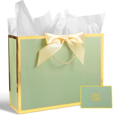 Imagem de Plauthus Saco de presente verde sálvia com fita, bolsa de presente grande de 33 cm com alça, cartão de felicitações e 2 papéis de seda (moldura dourada) para bebê, chá de bebê, casamentos, chás de